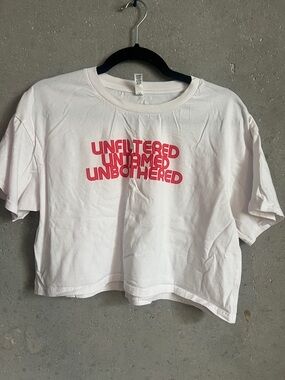 White Crop Tee with Red Graphic Text